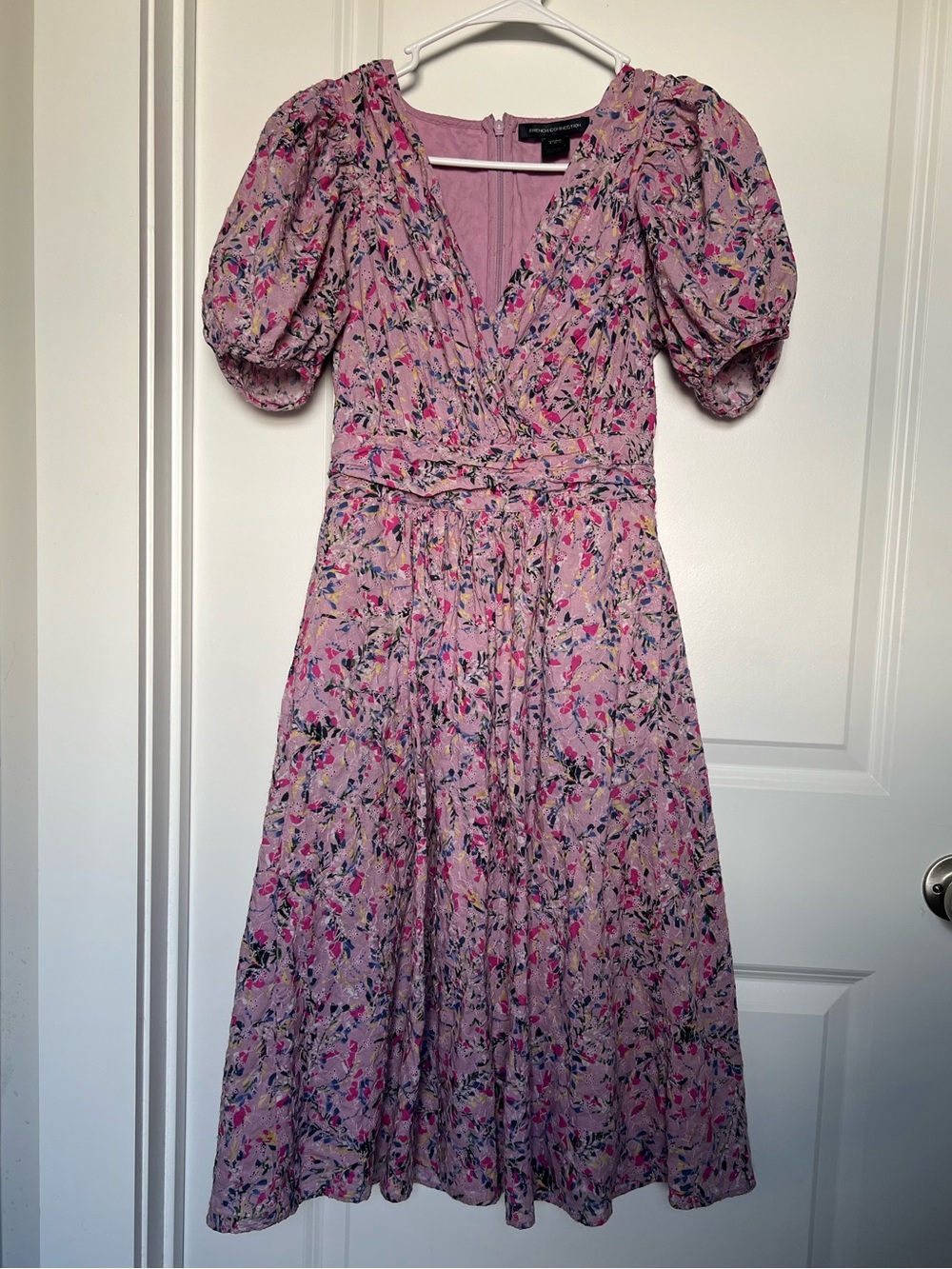 French Connection Flores Puff Sleeve Dress Floral Midi Pink & Purple Size Small